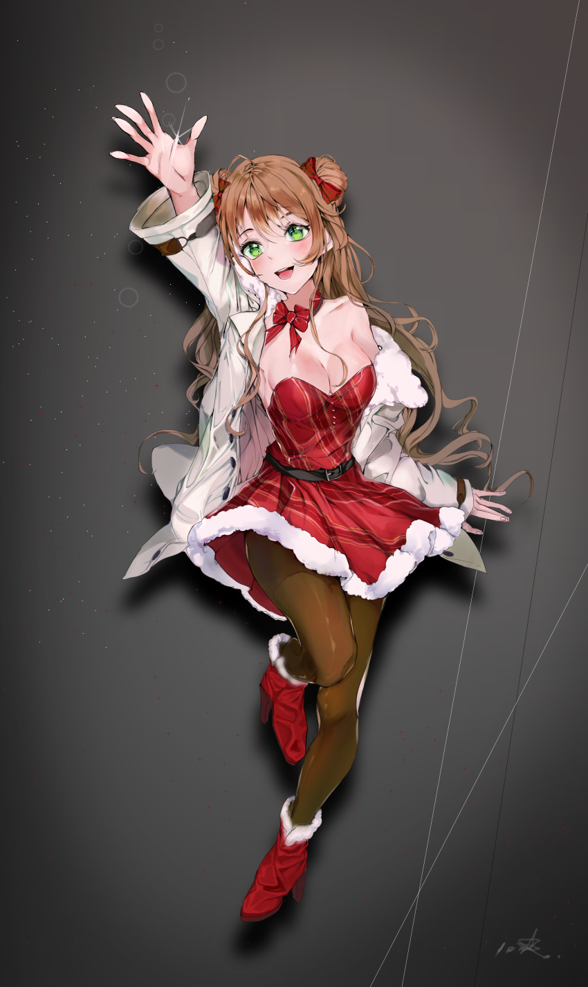 1girl, absurdres, ahoge, bare_shoulders, breasts, brown_hair, christmas, cleavage