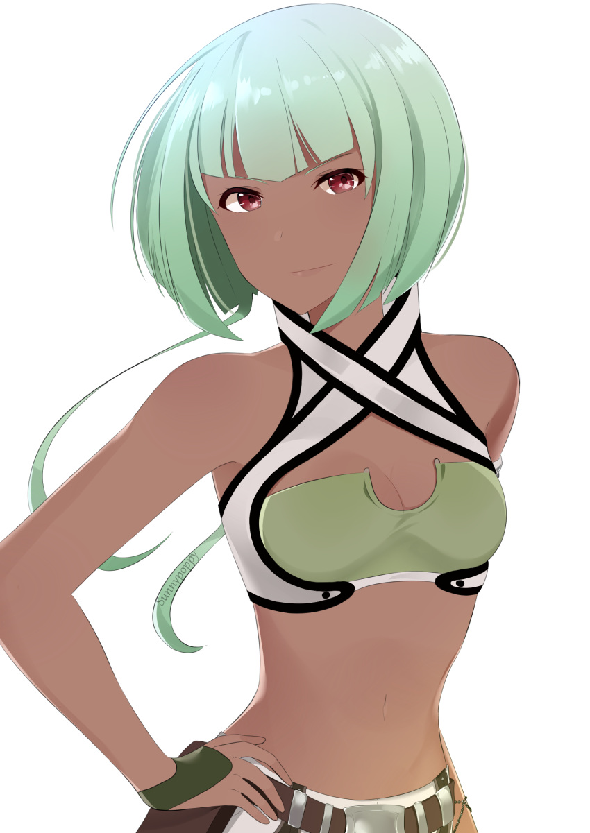 1girl, absurdres, artist_name, bangs, bob_cut, breasts, cleavage, crop_top