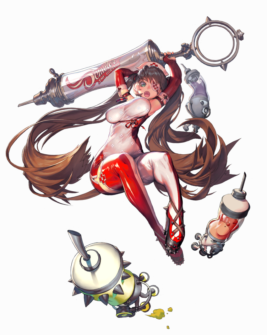 1girl, armpits, bare_shoulders, boots, breasts, brown_hair, covered_navel, curvy