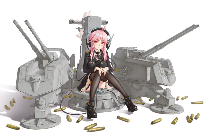 1girl, aa_gun, ahoge, ammunition, black_footwear, black_jacket, black_legwear, blue_eyes