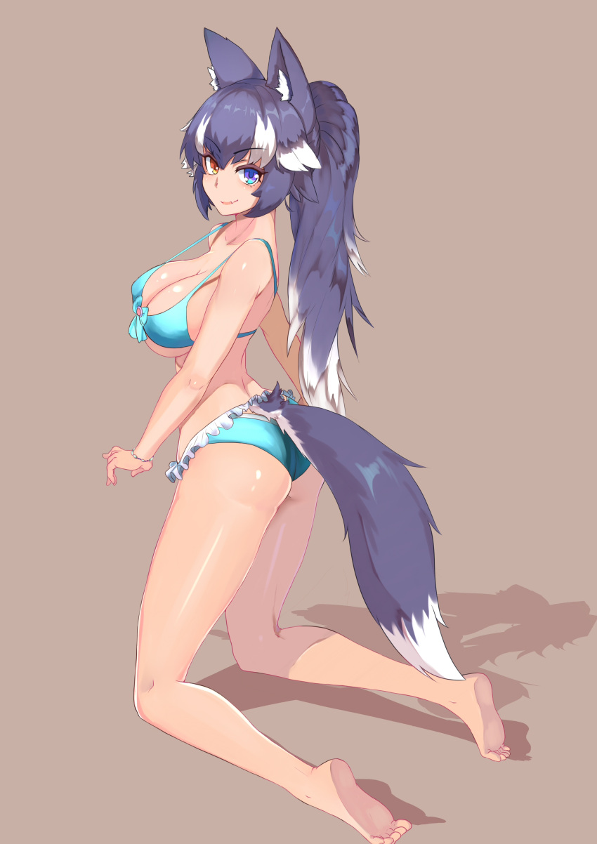1girl, absurdres, alternate_hairstyle, animal_ears, bikini, black_hair, blue_eyes, boy_(pixiv17542438)