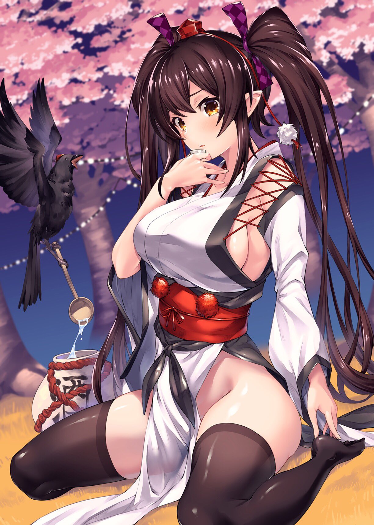 1girl, akanagi_youto, alternate_costume, bangs, bare_shoulders, bird, black_hair, black_legwear