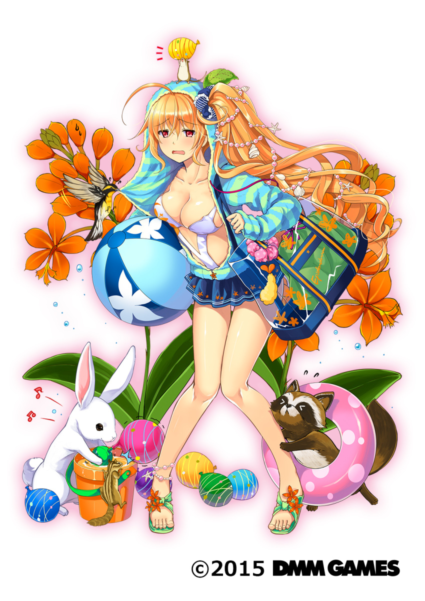 1girl, ahoge, animal, animal_on_head, anklet, bag, ball, bangs