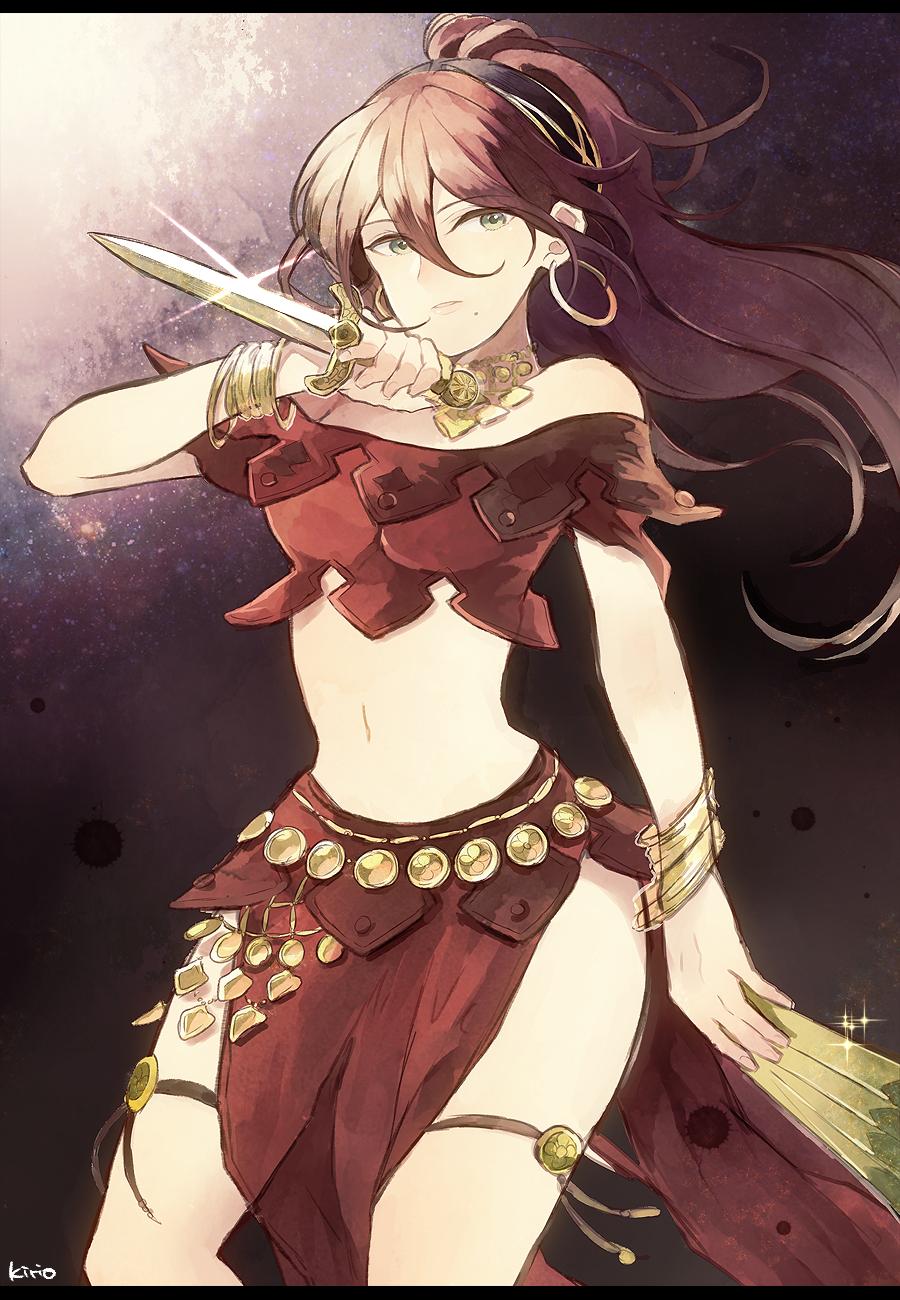 1girl, bracelet, brown_hair, dancer, dress, gloves, highres, jewelry, knife, long_hair, looking_at_viewer, necklace, octopath_traveler, okii, ponytail, primrose_azelhart, simple_background, solo