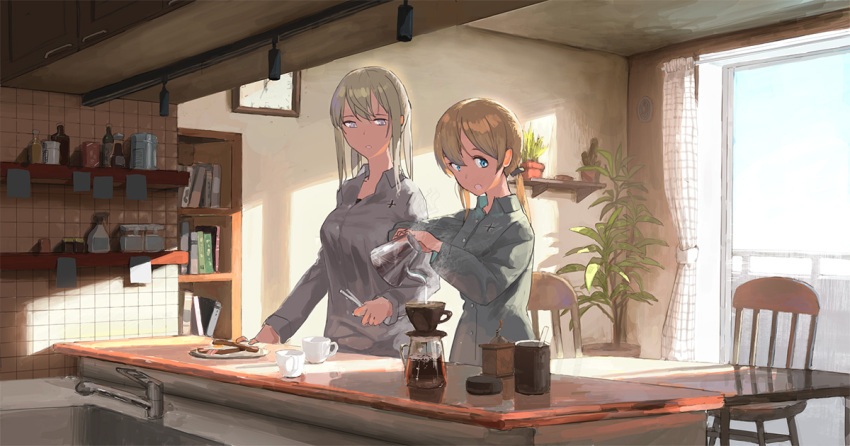 2girls, alternate_costume, aqua_eyes, bangs, blonde_hair, blue_eyes, book, bookshelf