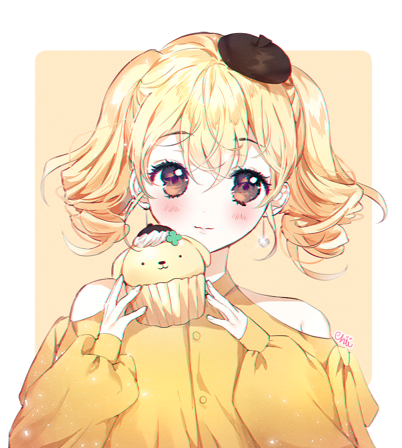 1girl, bangs, beret, black_eyes, black_headwear, blush, character_name, chii_(nyaong9)