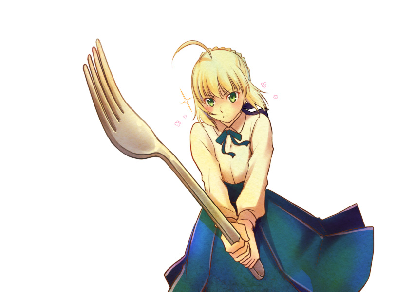 1girl, absurdres, ahoge, artoria_pendragon_(all), blonde_hair, blue_ribbon, blue_skirt, braided_bun, collared_shirt, eyebrows_visible_through_hair, fate/stay_night, fate_(series), fork, green_eyes, hair_ribbon, highres, holding, holding_fork, holding_weapon, leaning_forward, long_skirt, neck_ribbon, pleated_skirt, pon_kan, ribbon, saber, shirt, short_hair, simple_background, skirt, solo, standing, weapon, white_background, white_shirt, wing_collar