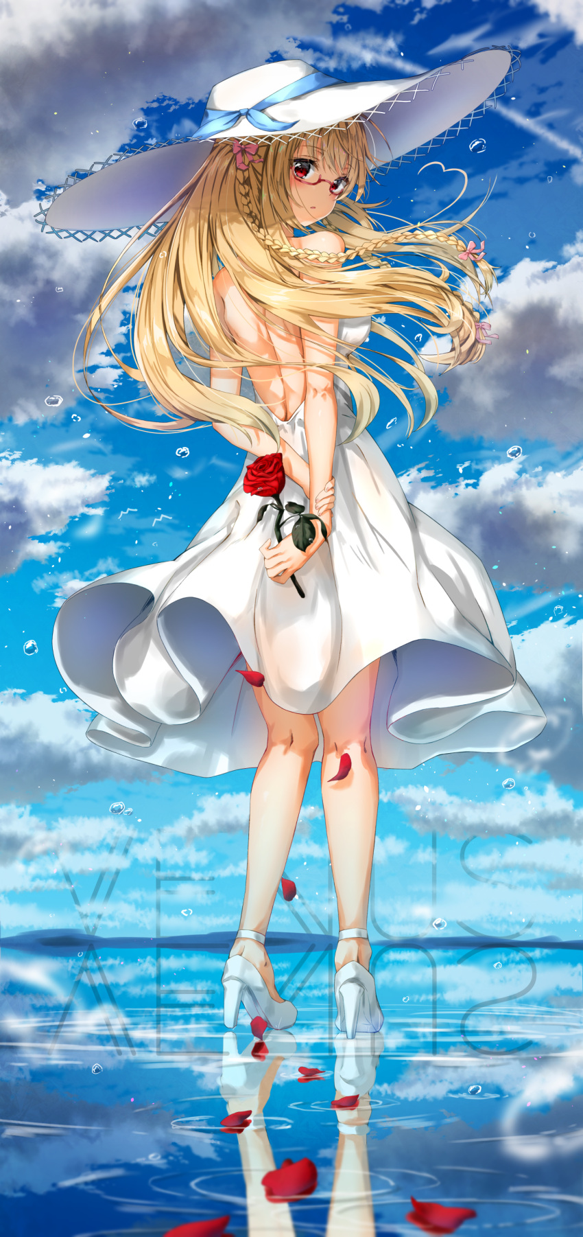 1girl, absurdres, backless_dress, backless_outfit, bangs, bare_arms, bare_shoulders, blonde_hair
