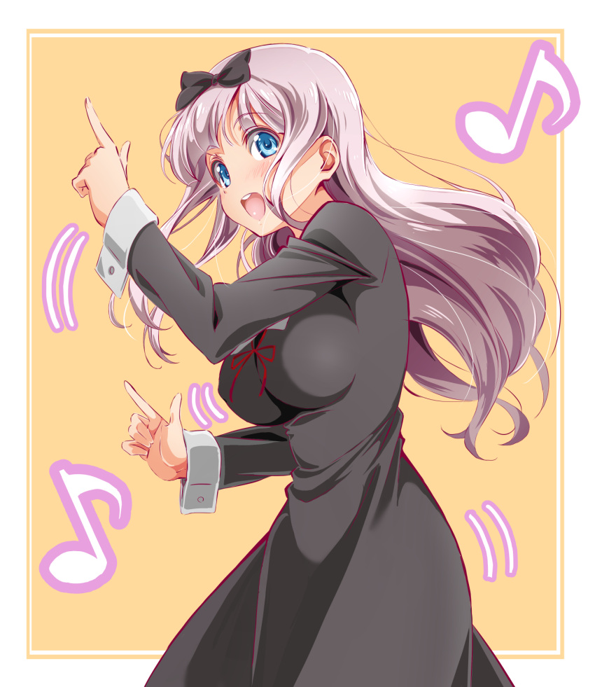 1girl, :d, black_bow, black_dress, blue_eyes, bow, chikattochikachika_(kaguya-sama_wa_kokurasetai), cowboy_shot