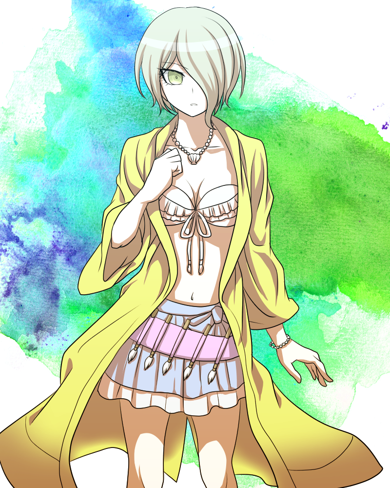 1girl, bikini, bikini_top, bracelet, breasts, cleavage, coat, collarbone