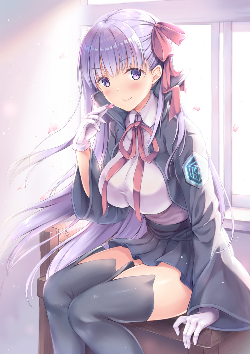 1girl, arm_support, bangs, bb_(fate)_(all), bb_(fate/extra_ccc), black_jacket, black_legwear, black_skirt