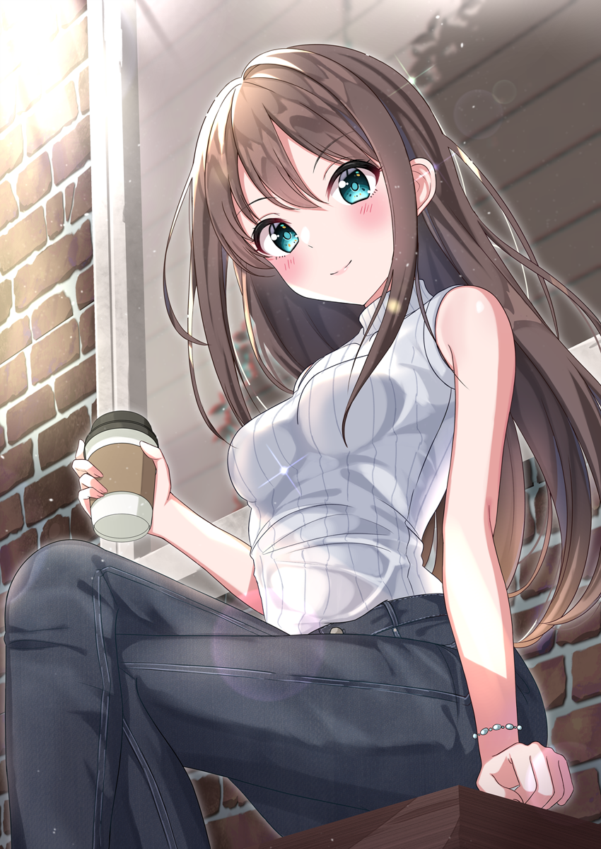 1girl, aqua_eyes, bangs, bare_arms, bare_shoulders, black_pants, blush, breasts