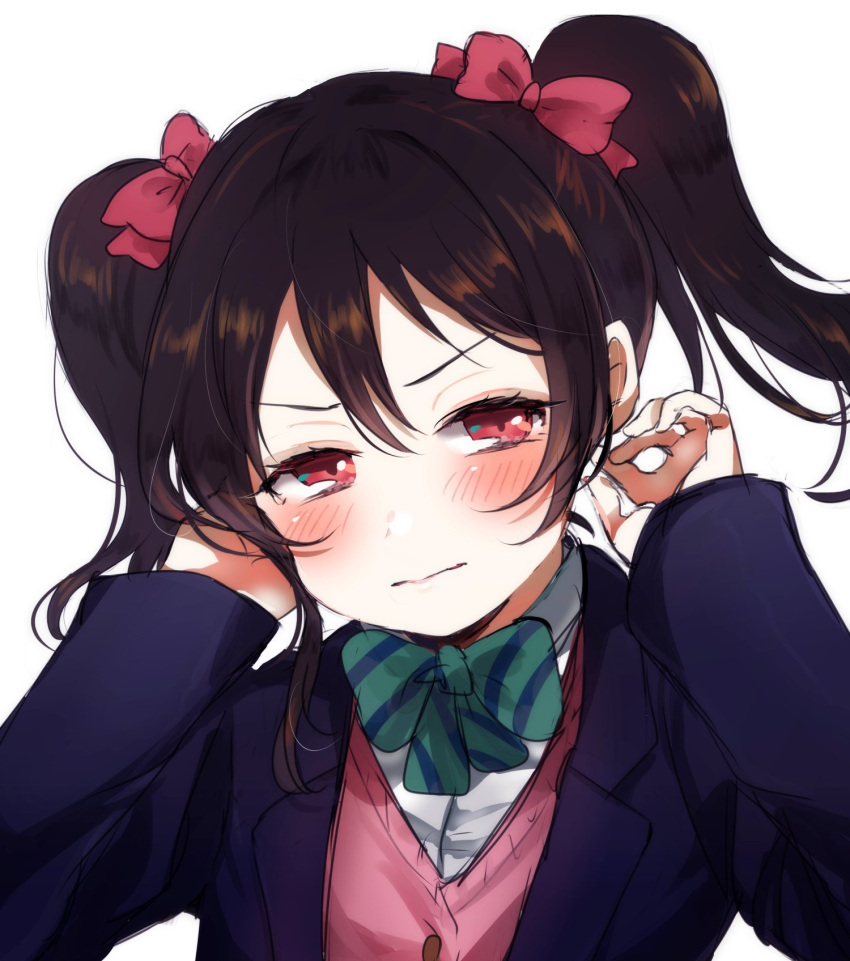 1girl, 299_(horisso), bangs, black_hair, blazer, blush, bow, bowtie