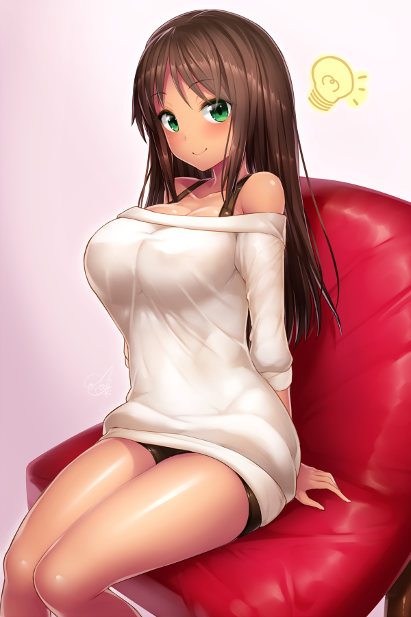 1girl, alice_gear_aegis, bangs, blush, breasts, brown_hair, cleavage, couch