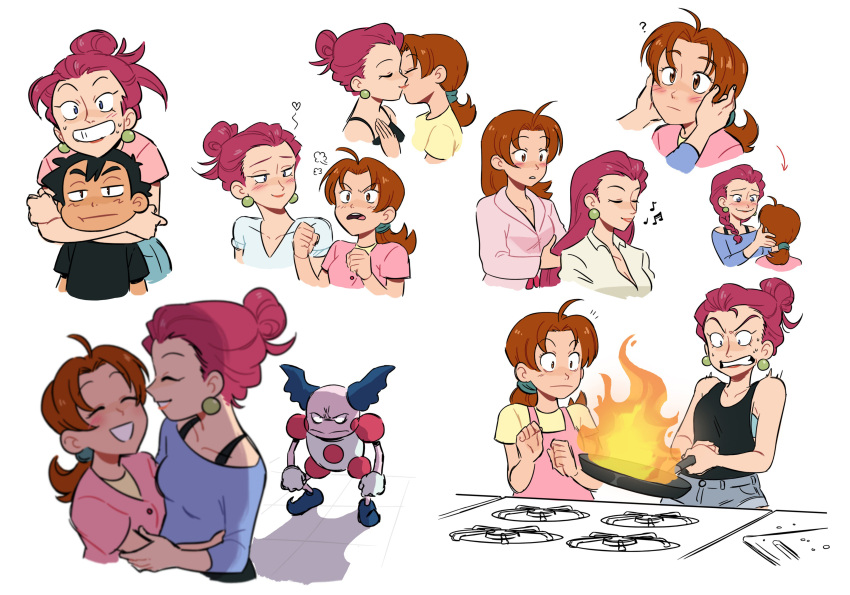2boys, 2girls, ?, absurdres, ahoge, alternate_universe, angry, blush, brown_hair, closed_eyes, cooking, creatures_(company), embarrassed, game_freak, gen_1_pokemon, hair_bun, hanako_(pokemon), highres, hug, hug_from_behind, jealous, kiana_mai, kiss, long_hair, mother_and_son, mr._mime, multiple_boys, multiple_girls, musashi_(pokemon), music, nintendo, pokemon, ponytail, redhead, satoshi_(pokemon), shirt, shorts, singing, stove, tank_top, yuri
