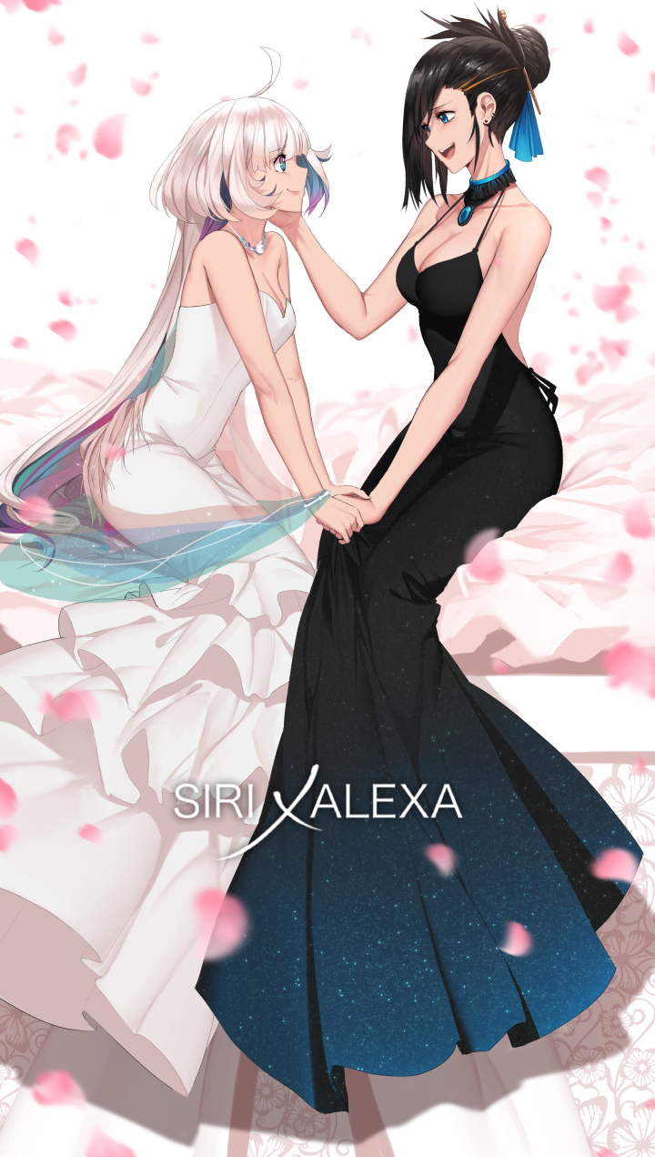 2girls, ahoge, alexa, black_dress, black_hair, blue_eyes, breasts, character_name