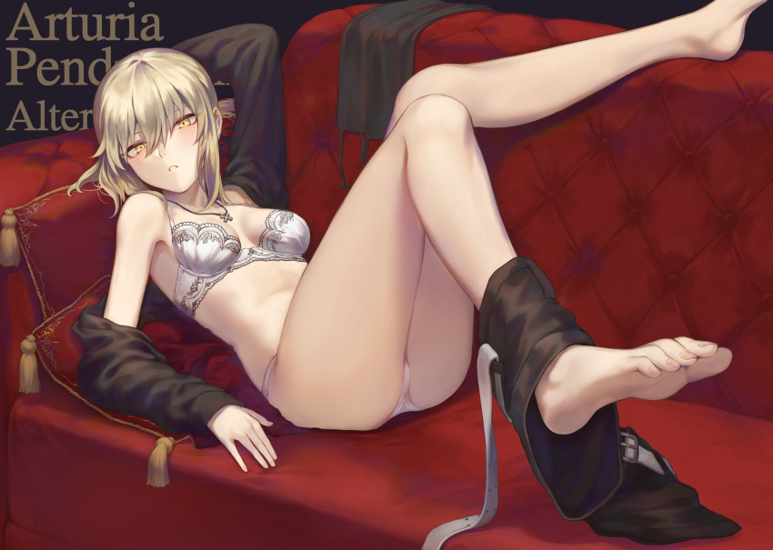 1girl, ahoge, artoria_pendragon_(all), barefoot, blonde_hair, bra, breasts, breasts_apart