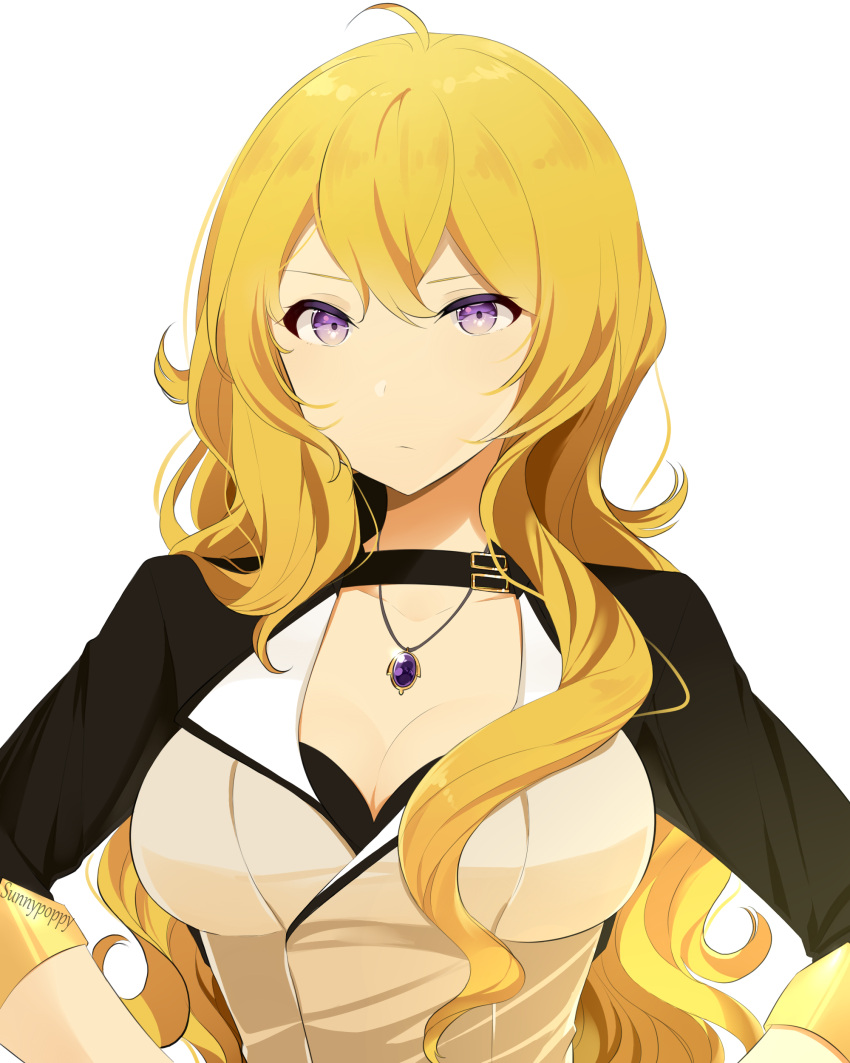 1girl, absurdres, ahoge, artist_name, bangs, blonde_hair, breasts, cleavage