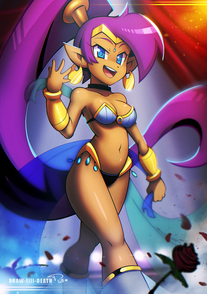 1girl, alternate_costume, artist_name, bandeau, bare_shoulders, black_choker, black_panties, bracer, breasts, choker, circlet, cleavage, commentary, dancer, dark_skin, draw-till-death, earrings, english_commentary, flower, forehead_jewel, high_ponytail, highres, hoop_earrings, jewelry, long_hair, navel, open_mouth, panties, pointy_ears, purple_hair, rose, sash, see-through, shantae_(character), shantae_(series), solo, strapless, underwear, very_long_hair, walking