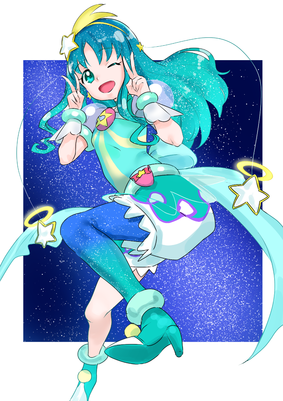 1girl, ;d, aqua_hair, asymmetrical_legwear, border, choker, cosplay, cure_milky