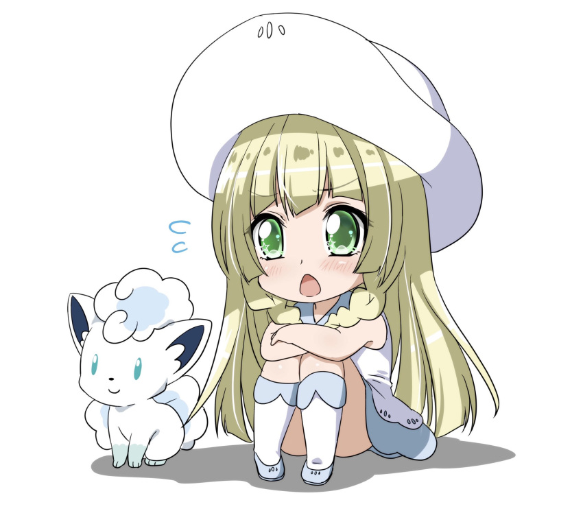 1girl, alolan_vulpix, blonde_hair, creatures_(company), game_freak, green_eyes, highres, lillie_(pokemon)