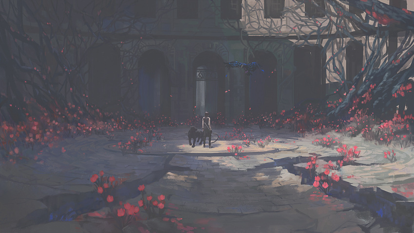 1boy, arm_tattoo, bare_shoulders, bird, black_gloves, black_hair, cracked, cracked_floor