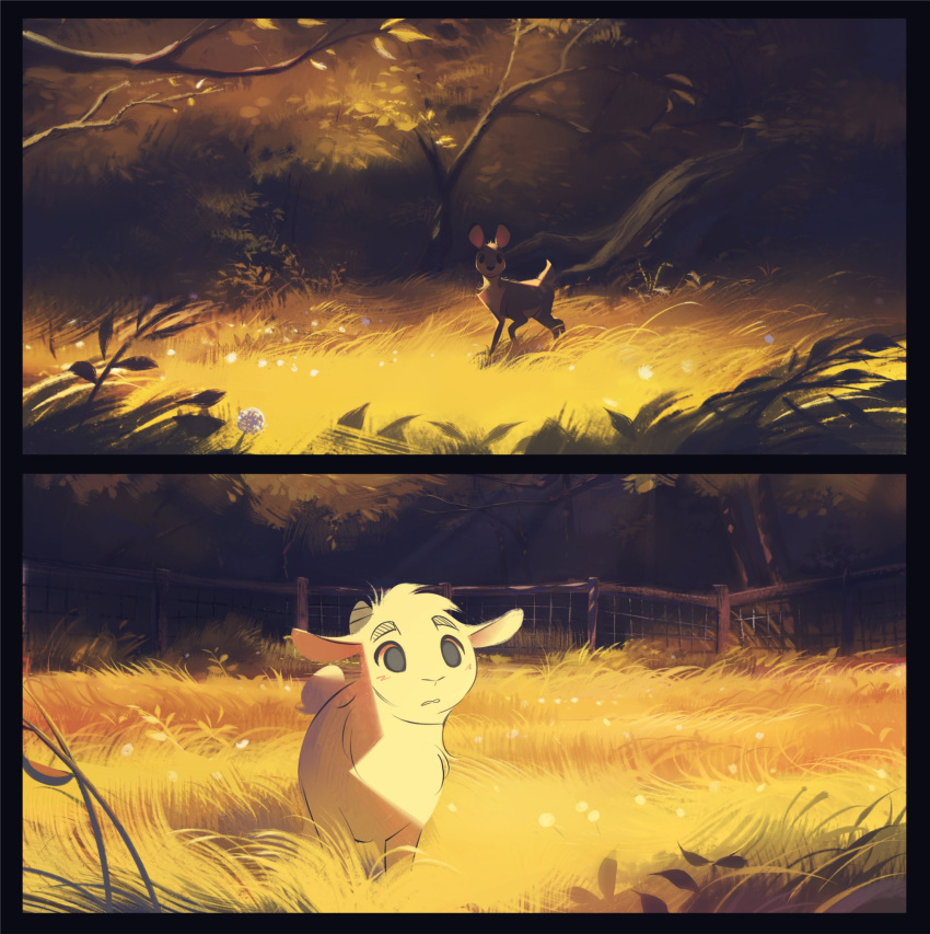 animal, black_eyes, blush, danfango, day, deer, fence, forest