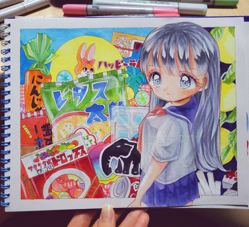 1girl, bangs, blue_sailor_collar, blue_skirt, bow, candy, cowboy_shot, e_rhn001, expressionless, food, from_side, grey_eyes, highres, jelly_bean, leaf, long_hair, marker_(medium), neckerchief, original, photo, pink_bow, pleated_skirt, red_neckwear, sailor_collar, shirt, short_sleeves, silver_hair, skirt, solo, traditional_media, white_shirt