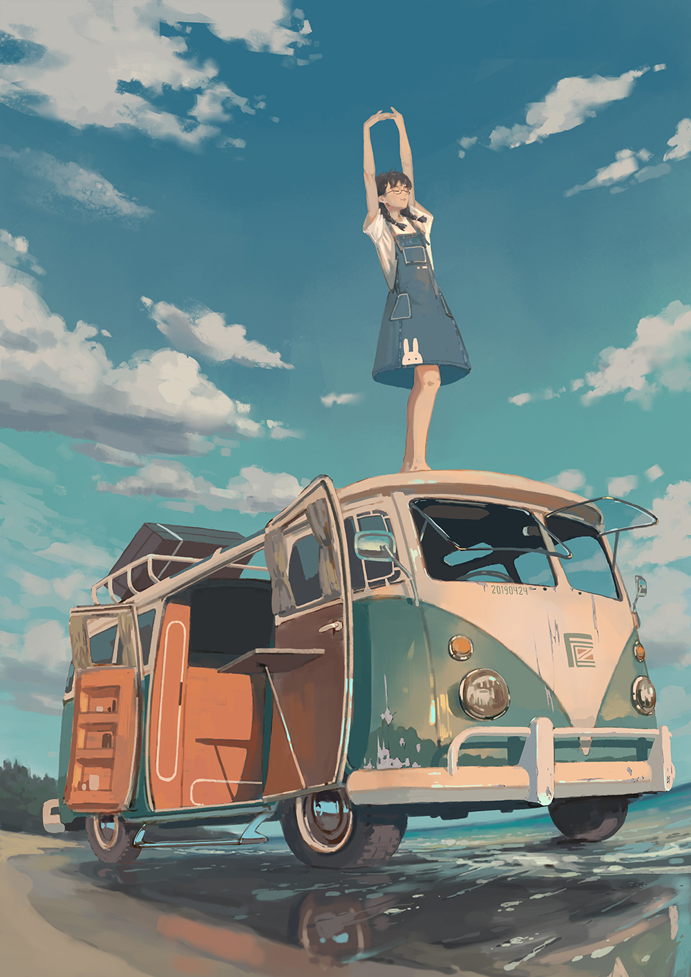 1girl, arms_up, beach, blue_dress, blue_sky, braid, brown_hair, closed_eyes, clouds, commentary, dated, day, denim, denim_dress, dress, glasses, ground_vehicle, highres, horizon, long_hair, motor_vehicle, ocean, original, outdoors, red-framed_eyewear, semi-rimless_eyewear, shirt, short_sleeves, sky, sleeveless, sleeveless_dress, solo, standing, stretch, twin_braids, twintails, under-rim_eyewear, water, white_shirt, xiaobanbei_milk