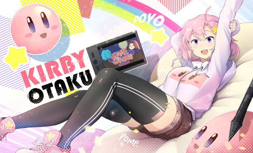 1girl, ahoge, arms_up, bed_sheet, black_legwear, blue_eyes, blush, drawing_tablet