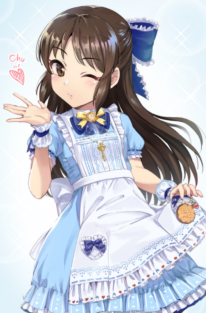 1girl, apron, back_bow, black_hair, blown_kiss, blue_bow, blue_dress, blush