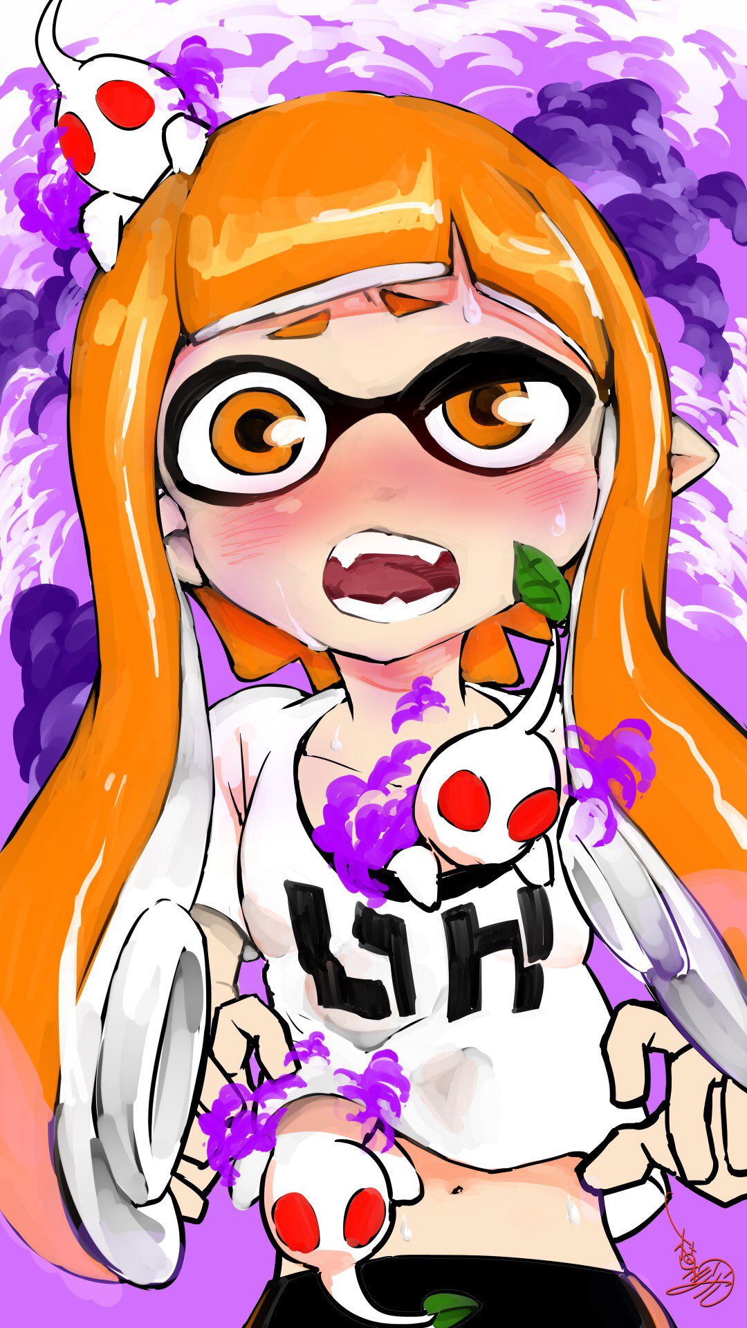 1girl, 3others, belly_button, blush, collarbone, domino_mask, fangs, furrowed_eyebrows, highres, inkling, leaf, long_hair, looking_at_viewer, mask, navel, nintendo, nintendo_ead, open_mouth, orange_eyes, orange_hair, pikmin_(creature), pikmin_(series), pointy_ears, poison, poisoned, shirt, short_sleeves, signature, splatoon_(series), squid_girl, suction_cups, super_smash_bros., sweat, t-shirt, teeth, tentacle_hair, toxic, uesugi_hikaru, uneven_eyes, white_shirt