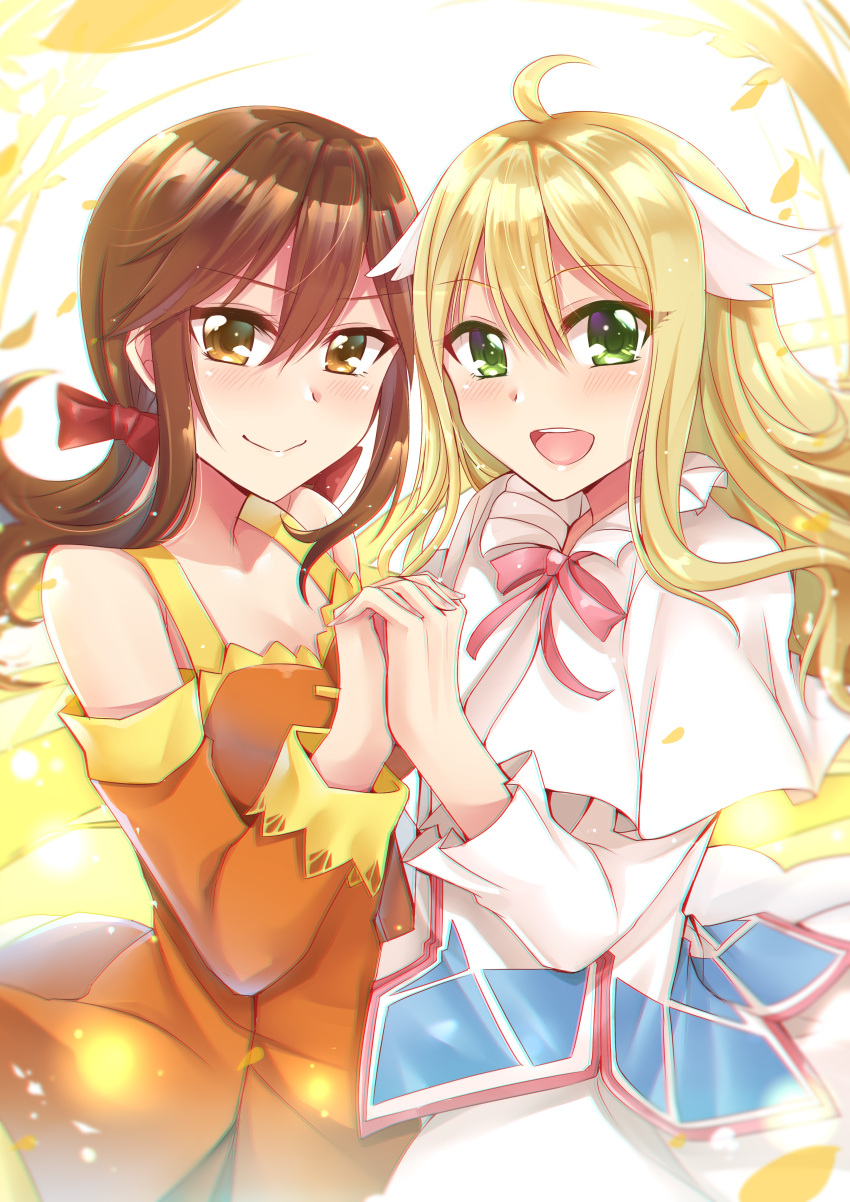 2girls, :d, absurdres, blonde_hair, blush, bow, breasts, brown_eyes