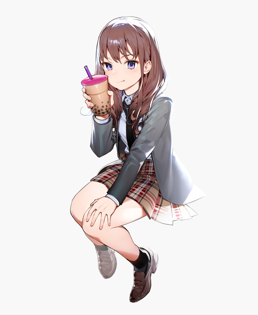 1girl, absurdres, bare_legs, black_legwear, black_neckwear, blazer, blush, brown_footwear