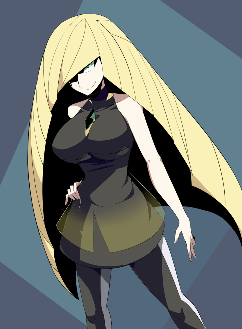 1girl, bare_arms, bare_shoulders, black_background, black_dress, black_legwear, blonde_hair, blue_background