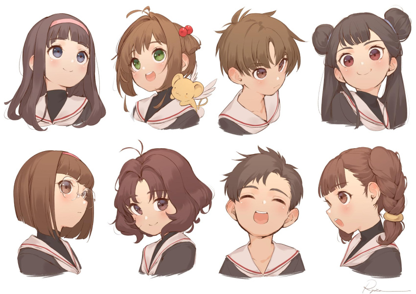 2boys, 6+girls, :3, :d, ^_^, antenna_hair, bangs, black_hair