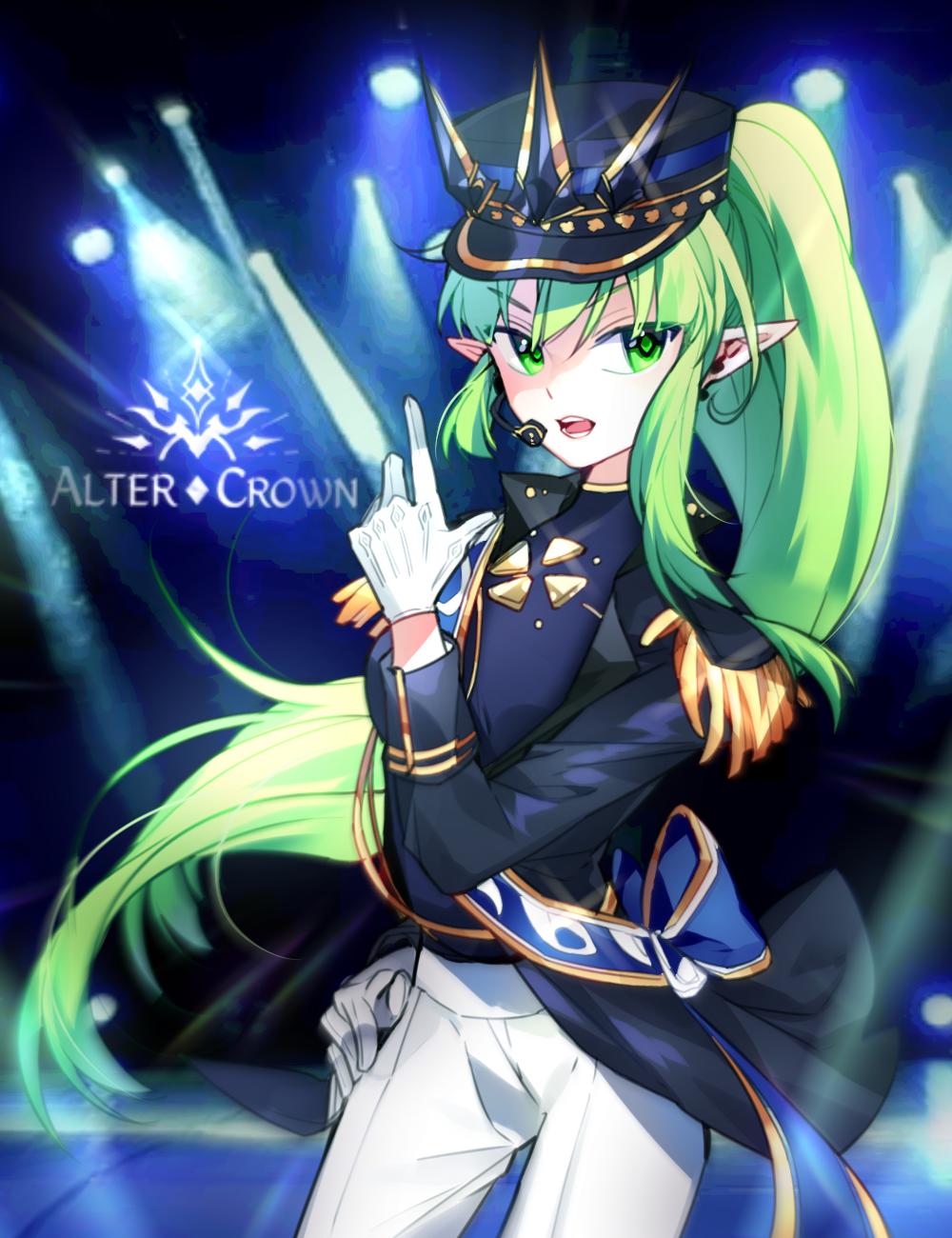 1girl, chuki_(lydia), elf, elsword, eyebrows_visible_through_hair, gloves, hat, highres, idol, jacket, long_hair, microphone, pointy_ears, ponytail, rena_erindel, spikes