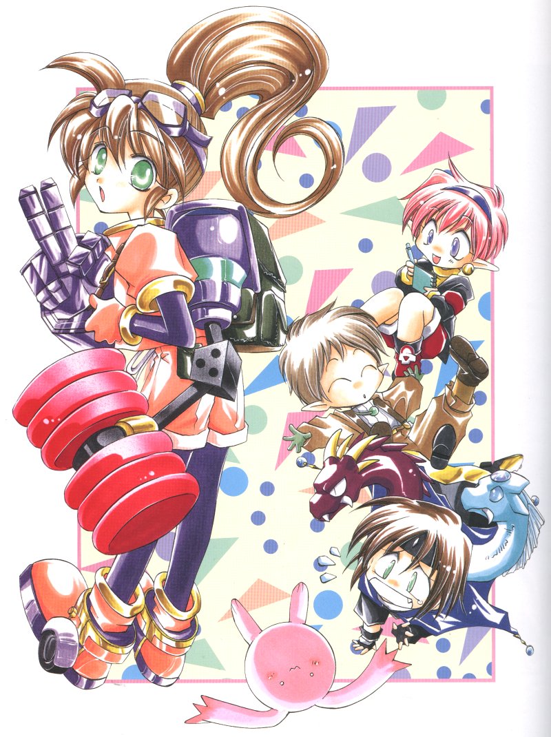 ashton_anchors, azuma_mayumi, brown_hair, chibi, chisato_madison, dragon, closed_eyes, goggles