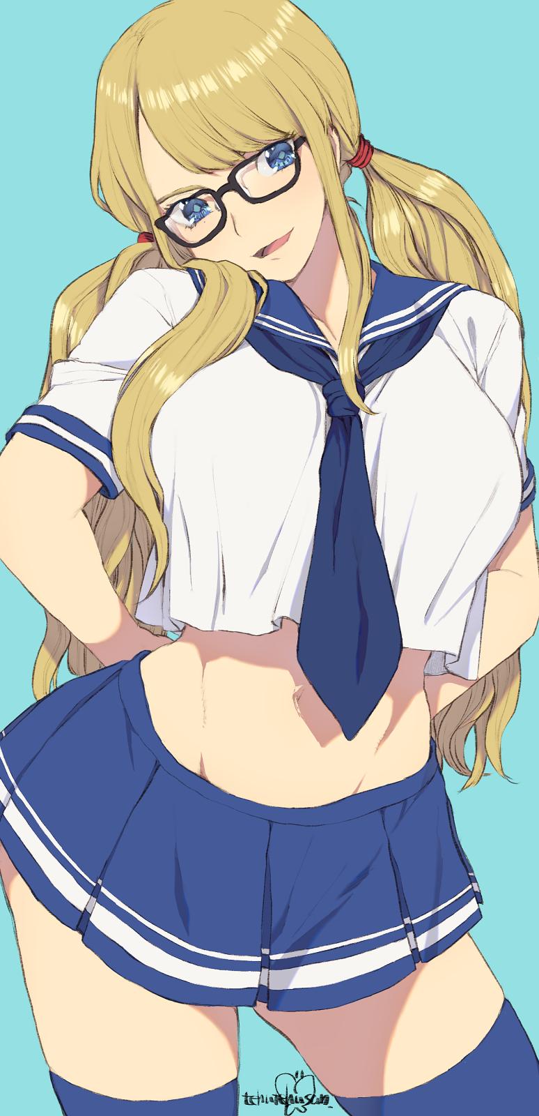 1girl, arms_behind_back, black-framed_eyewear, blonde_hair, blue_background, blue_eyes, blue_legwear, blue_skirt, breasts, character_request, copyright_request, glasses, groin, head_tilt, highres, large_breasts, long_hair, mellowd, midriff, navel, school_uniform, serafuku, signature, skirt, smile, solo, thigh-highs, thighs, twintails, zettai_ryouiki