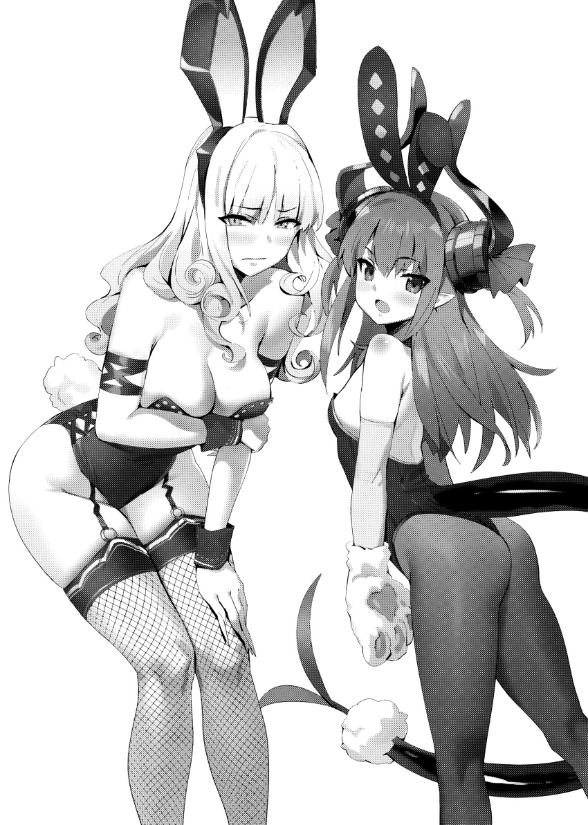 2girls, absurdres, animal_ears, bangs, bare_shoulders, breasts, bunny_paws, bunny_tail