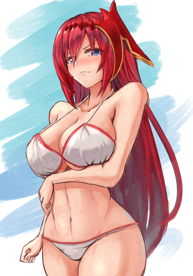 1girl, alternate_costume, arm_under_breasts, bangs, bare_shoulders, bikini, blue_eyes, blush
