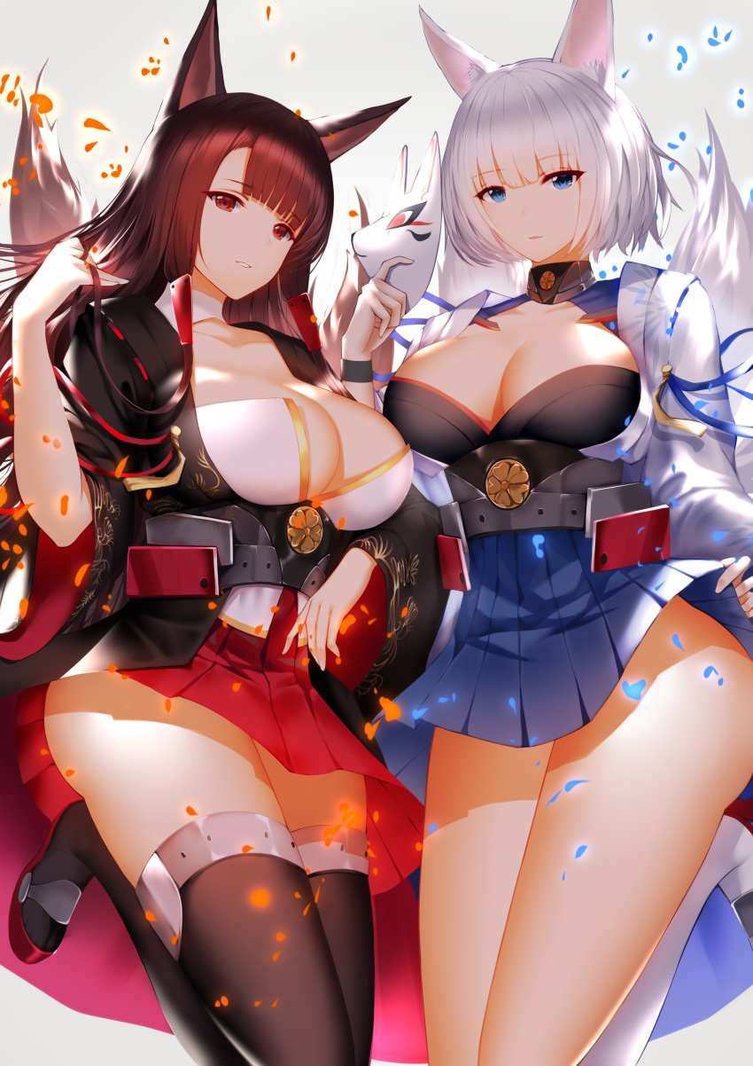 2girls, absurdres, akagi_(azur_lane), animal_ears, asymmetrical_bangs, azur_lane, bangs, black_legwear