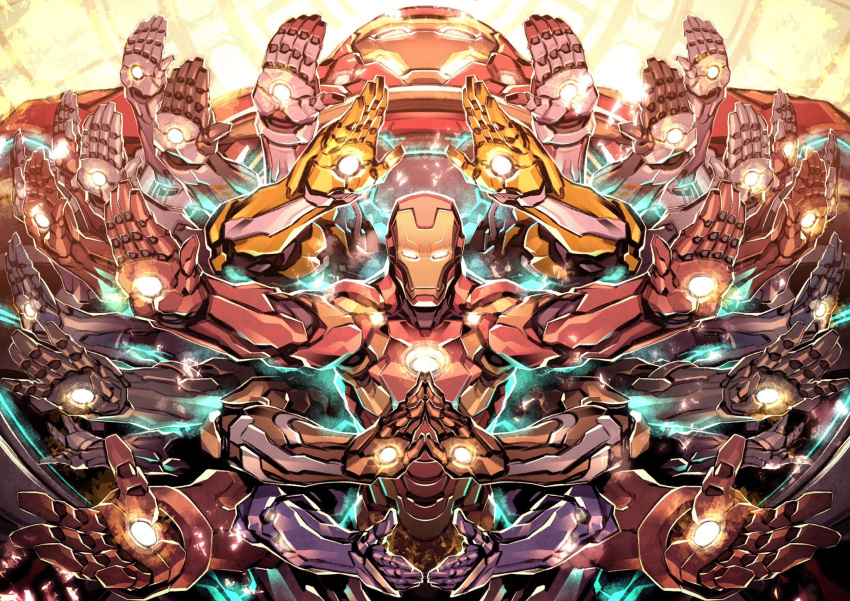 1boy, armor, avengers, backlighting, glowing, glowing_eyes, glowing_hand, hands_together