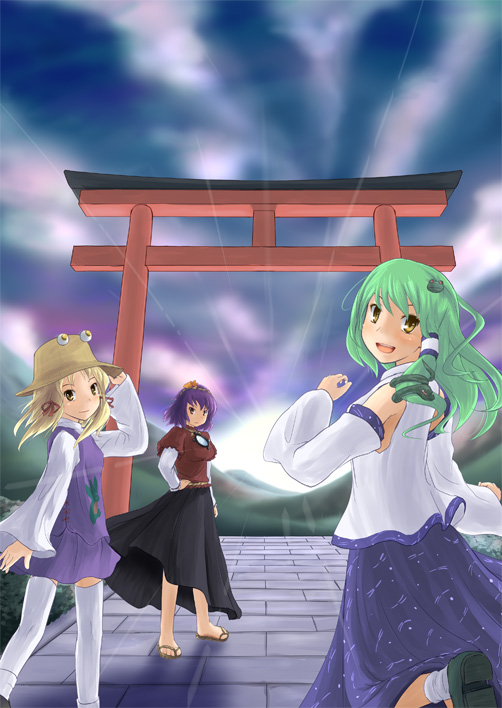 3girls, hand_on_hat, hand_on_hip, kochiya_sanae, kou_(haijindeath), kou_(pixiv27343), long_skirt, moriya_suwako, multiple_girls, skirt, sunrise, thighhighs, torii, torii_(gate), touhou, white_legwear, yasaka_kanako