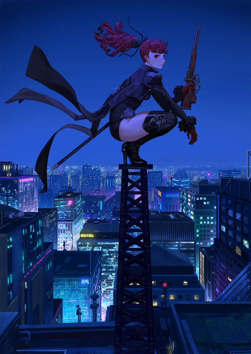 1girl, antique_firearm, black_bow, black_legwear, black_leotard, bow, building, city