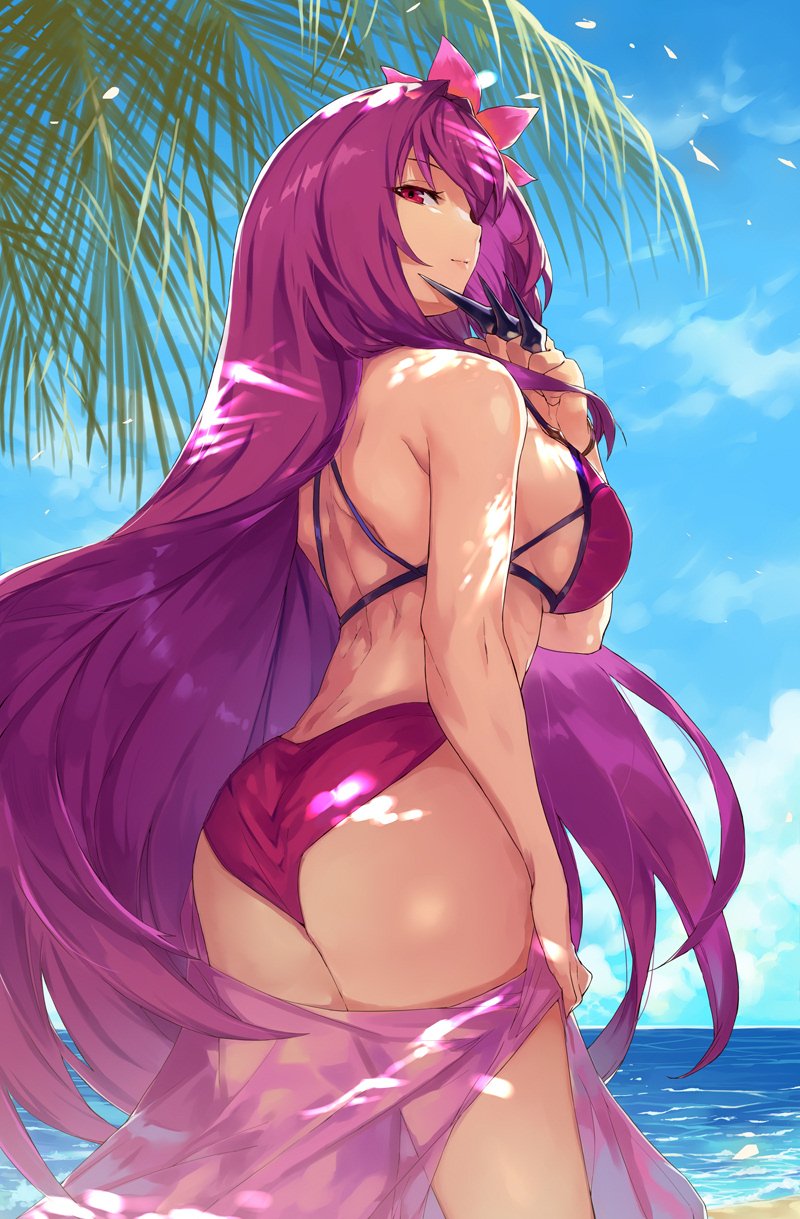 1girl, ass, back, bangs, bare_shoulders, beach, bikini, blue_sky