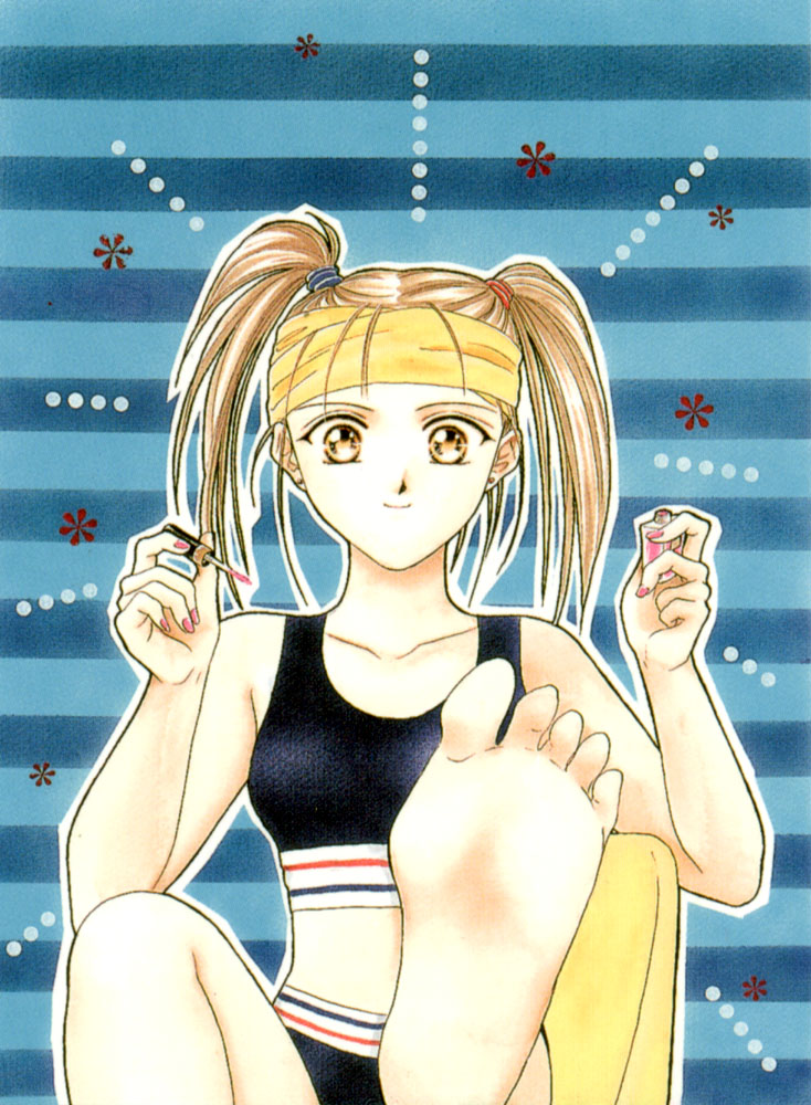 ayashi_no_ceres, blonde_hair, feet, headband, mikage_aya, nail_polish, panties, sports_bra