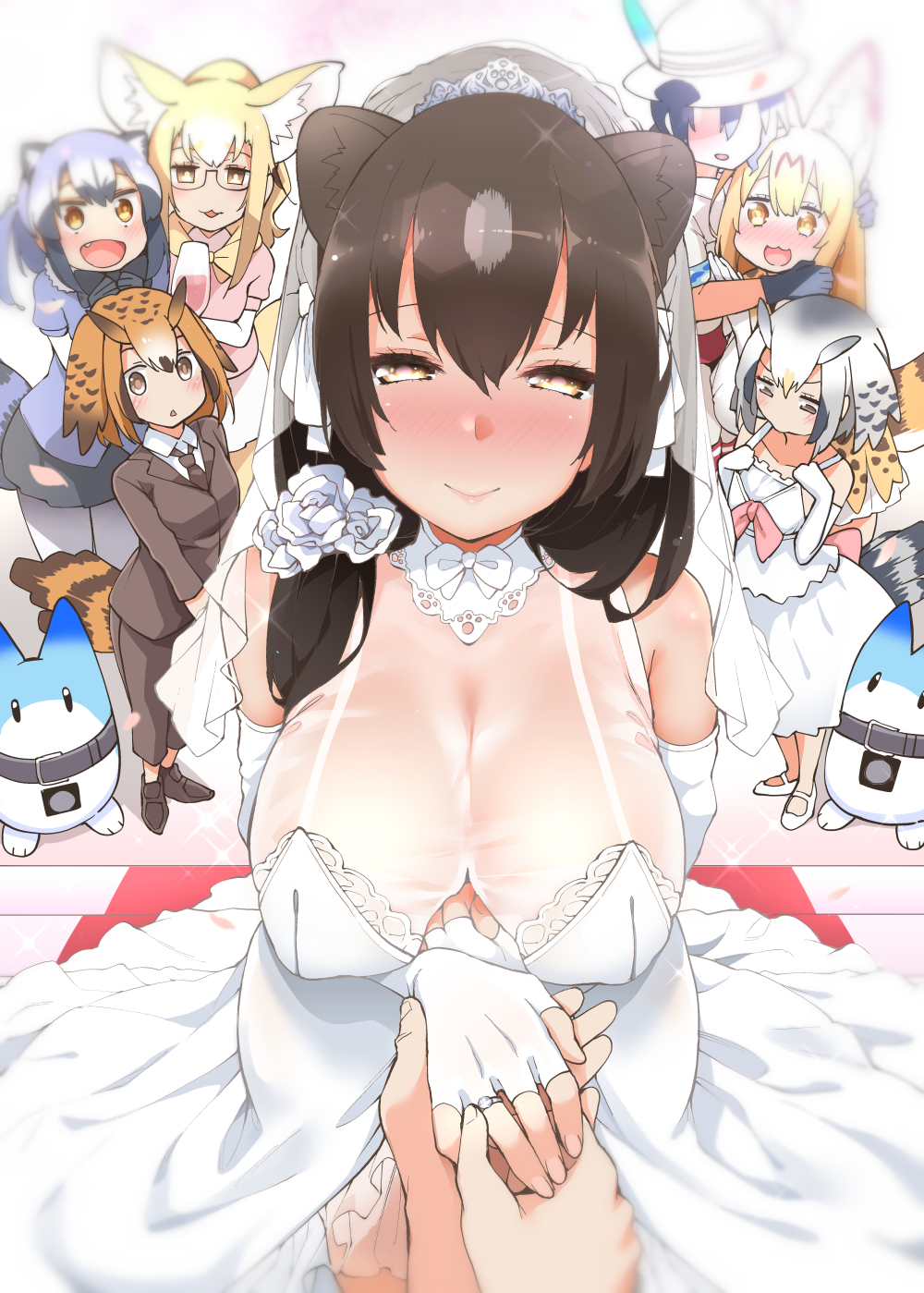 6+girls, :3, :d, alternate_costume, animal_ears, bangs, bare_shoulders, bear_ears