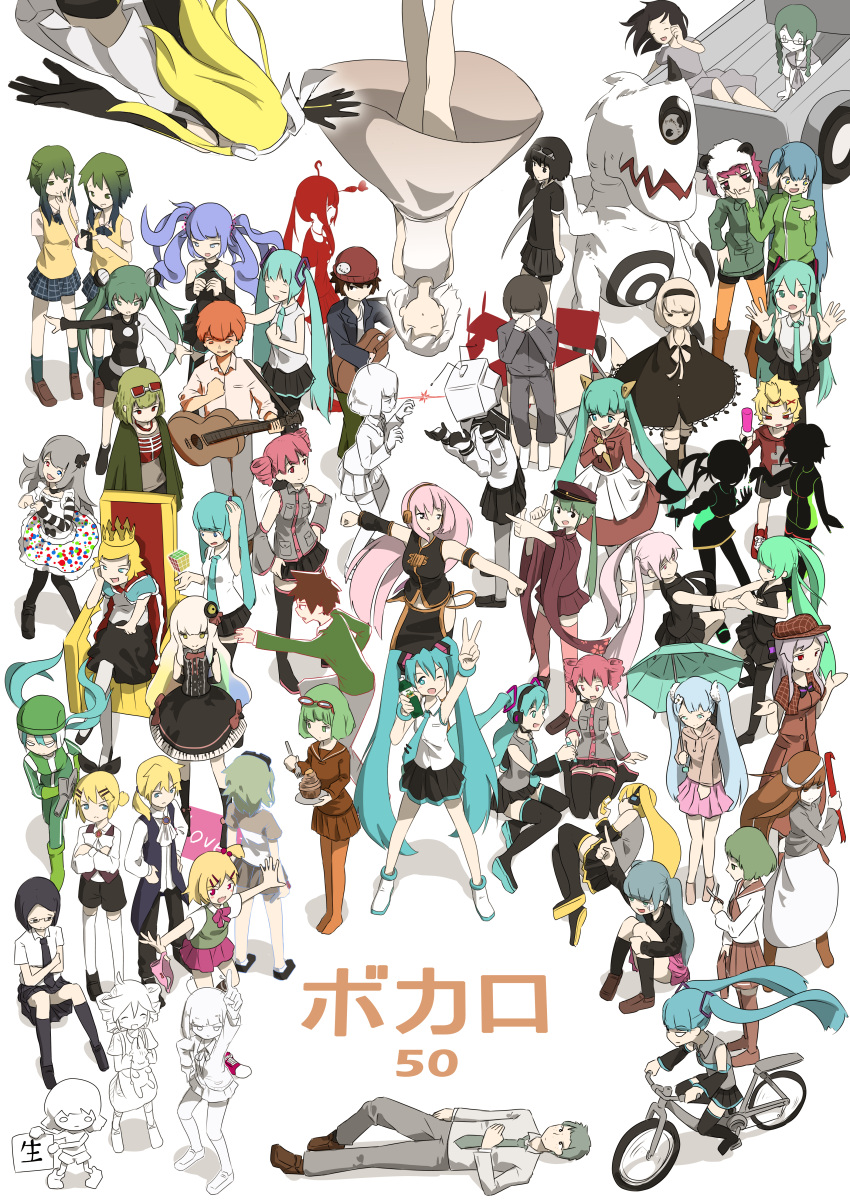 6+boys, 6+girls, absolutely_everyone, absurdres, alien_alien_(vocaloid), angry, aqua_hair, bicycle