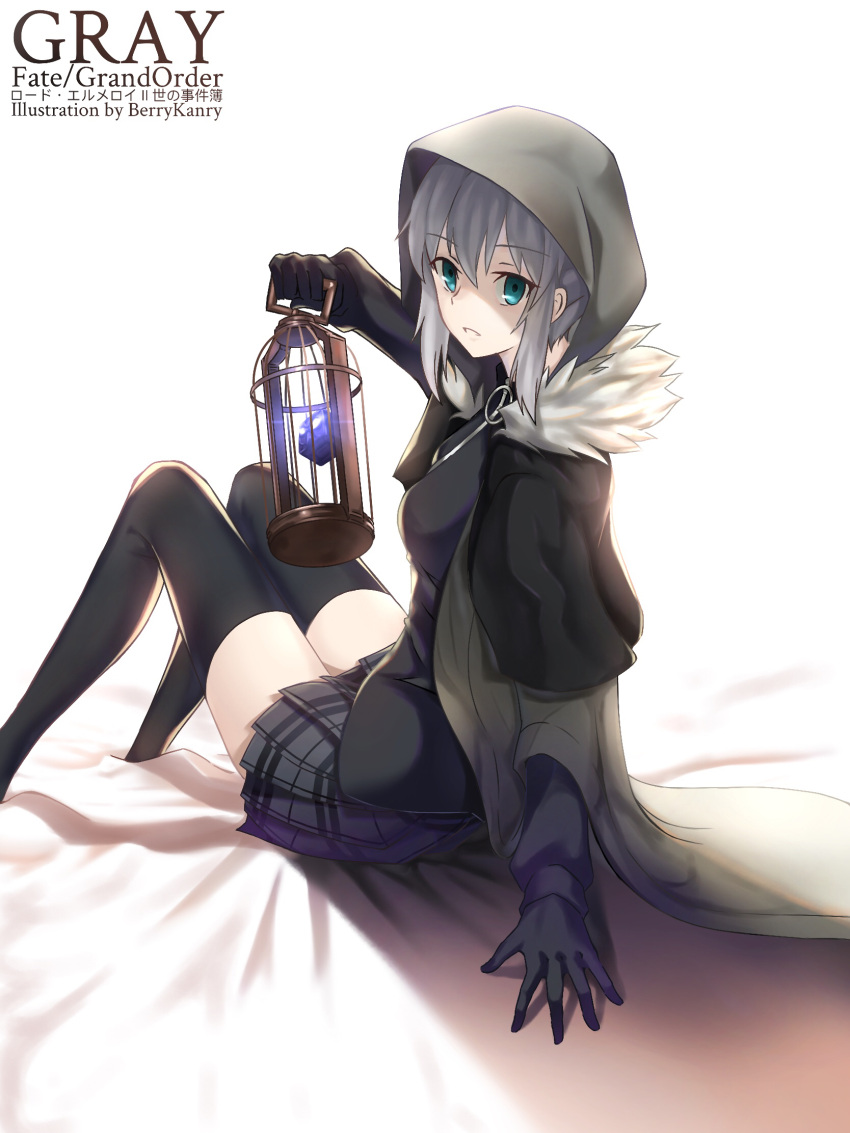 1girl, artist_name, bangs, bed_sheet, berrykanry, birdcage, black_capelet, black_gloves